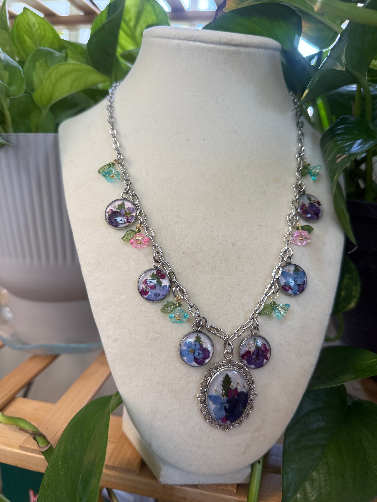 Silver hydrangea charm necklace