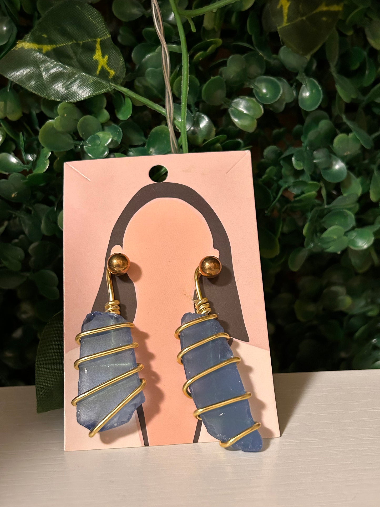 Blue sea glass wire wrapped earrings