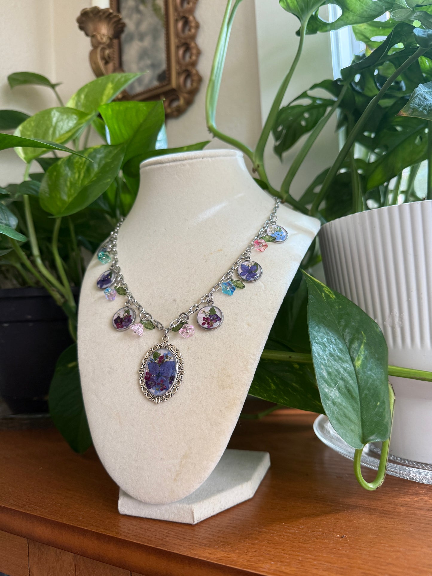 Silver charm necklace (pearlescent hydrangea)