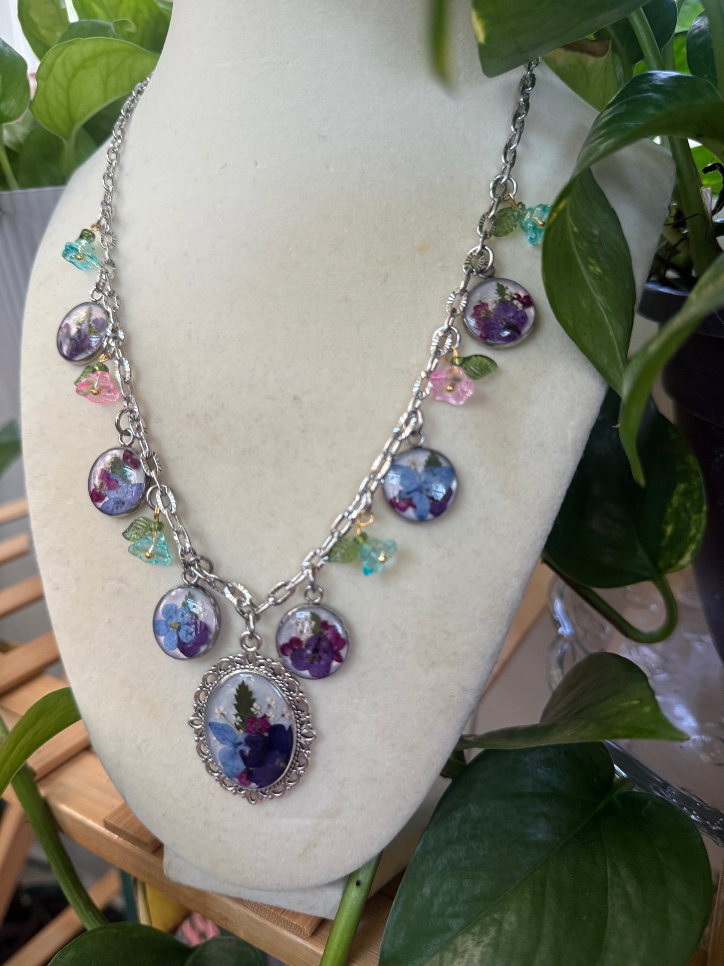 Silver hydrangea charm necklace