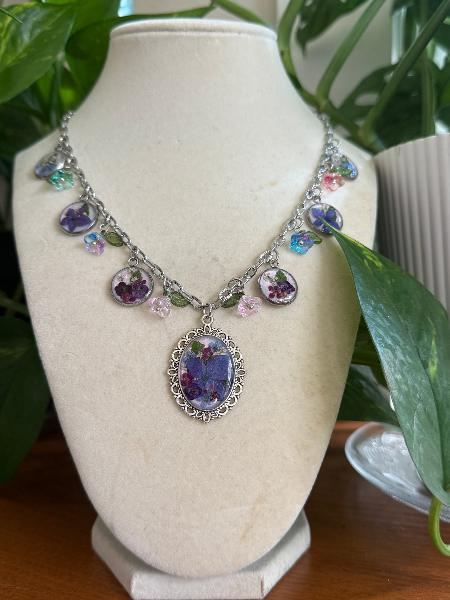 Silver charm necklace (pearlescent hydrangea)