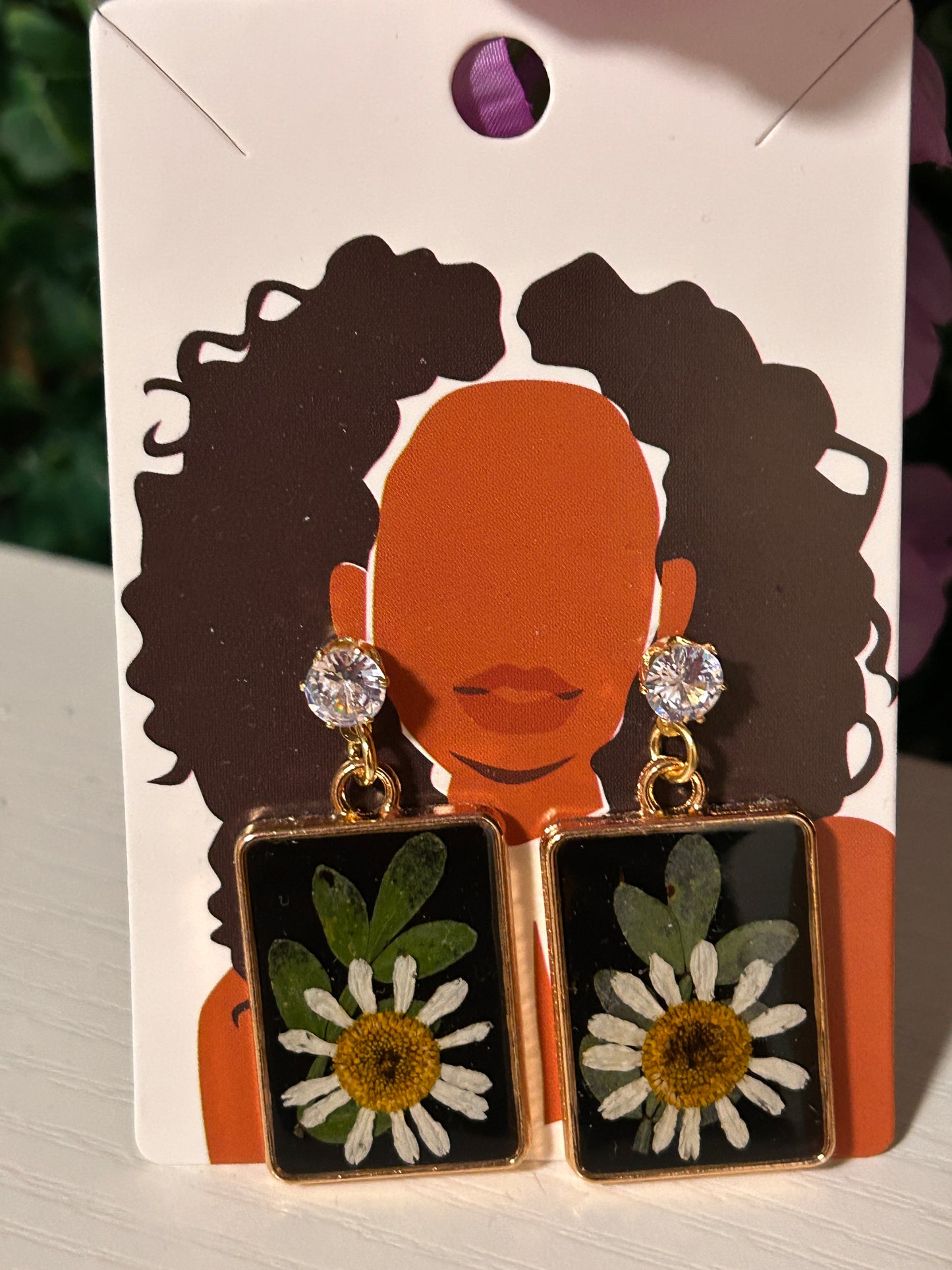 Black resin gold rectangle earrings