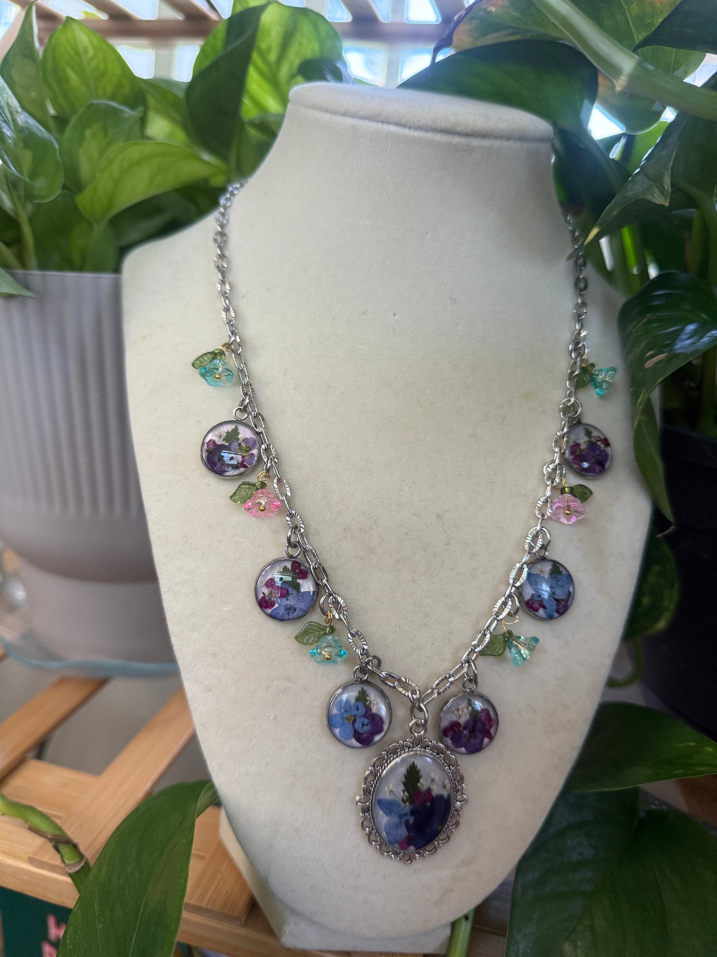 Silver hydrangea charm necklace
