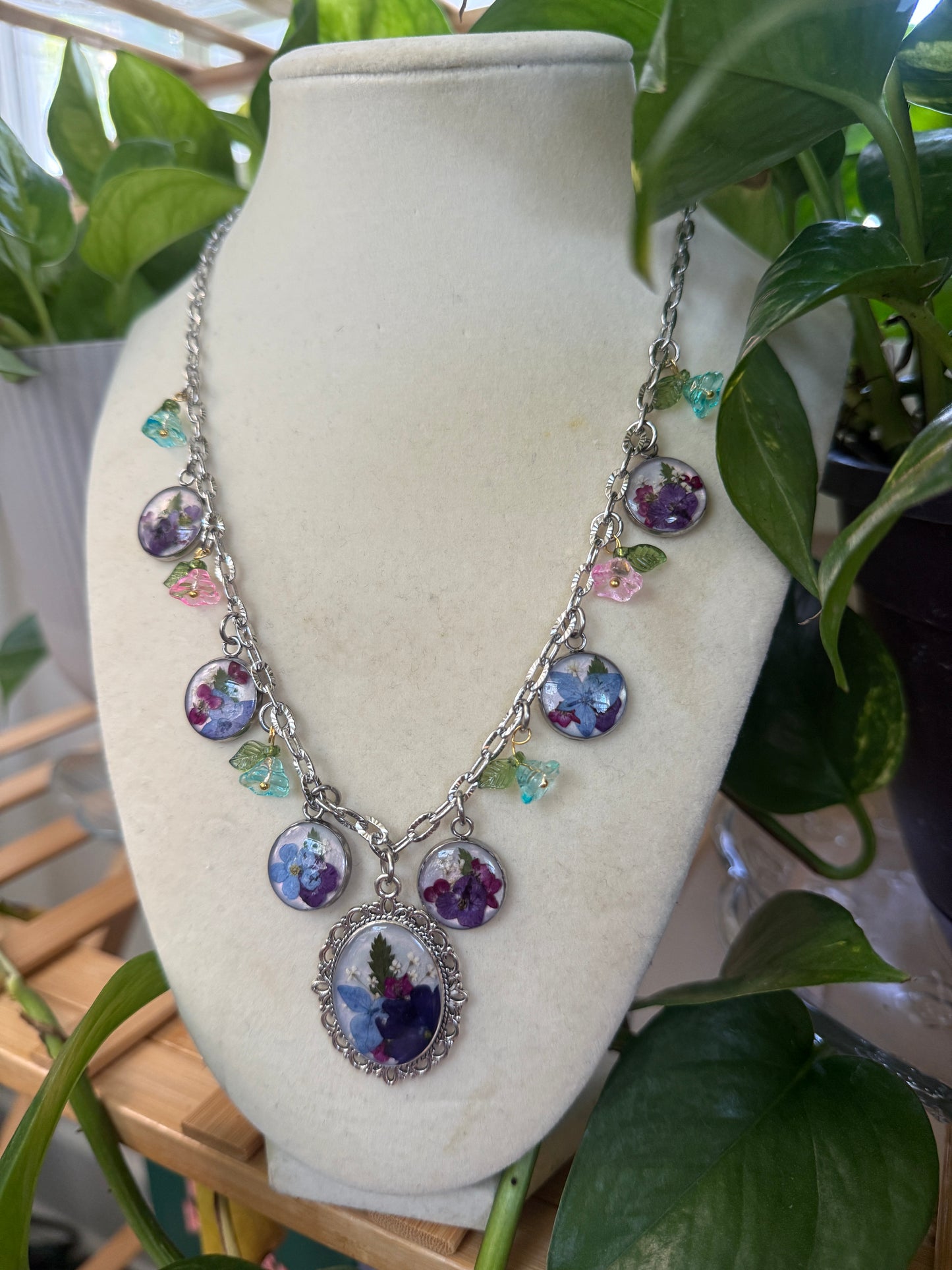 Silver hydrangea charm necklace