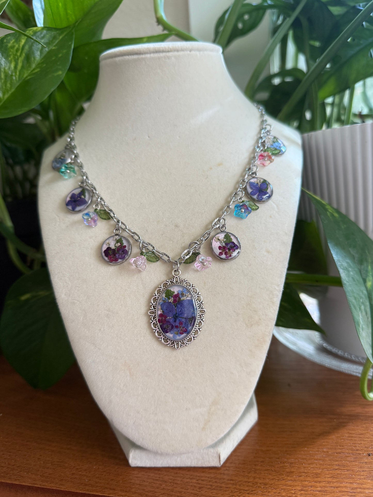 Silver charm necklace (pearlescent hydrangea)