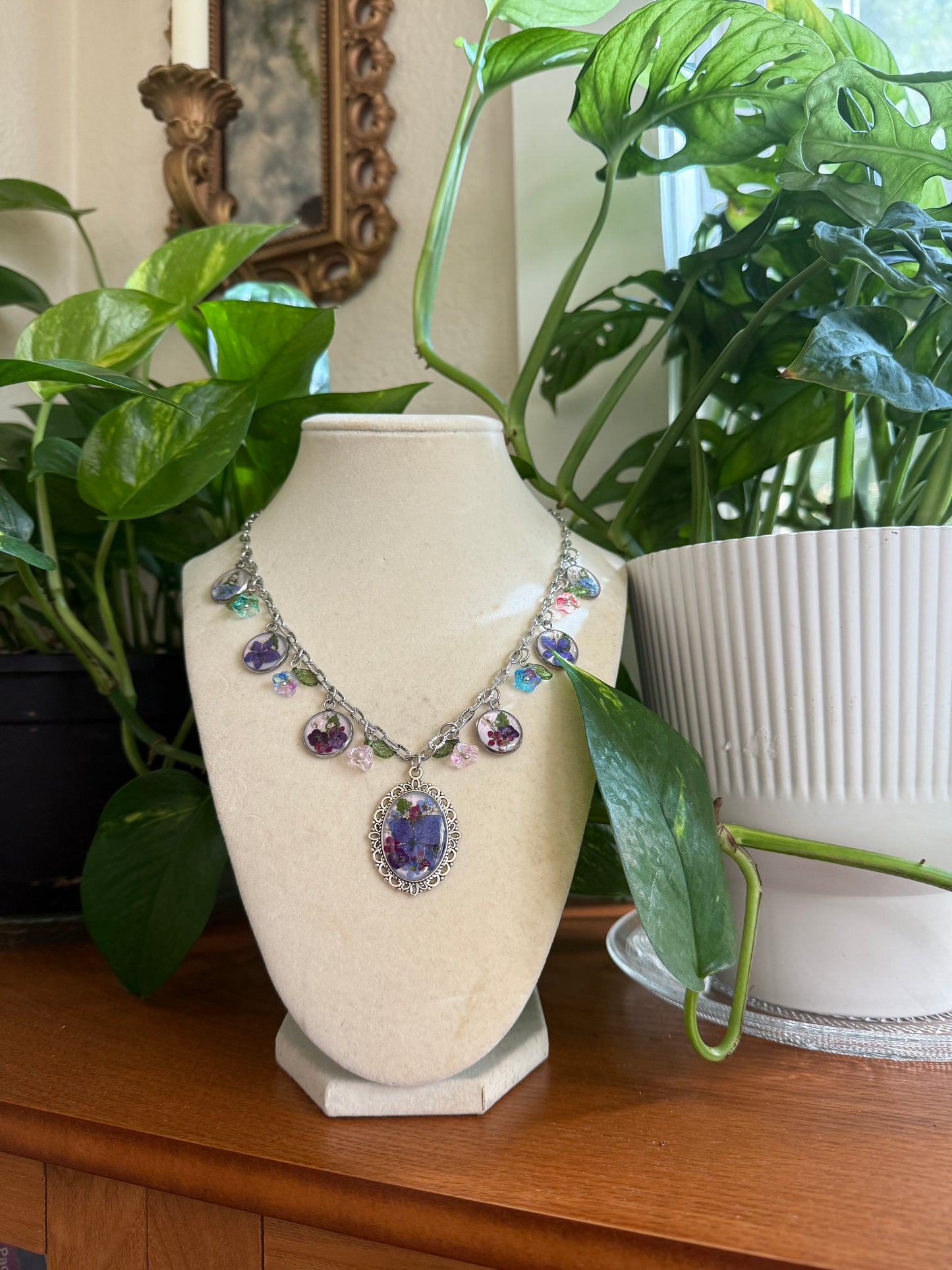 Silver charm necklace (pearlescent hydrangea)