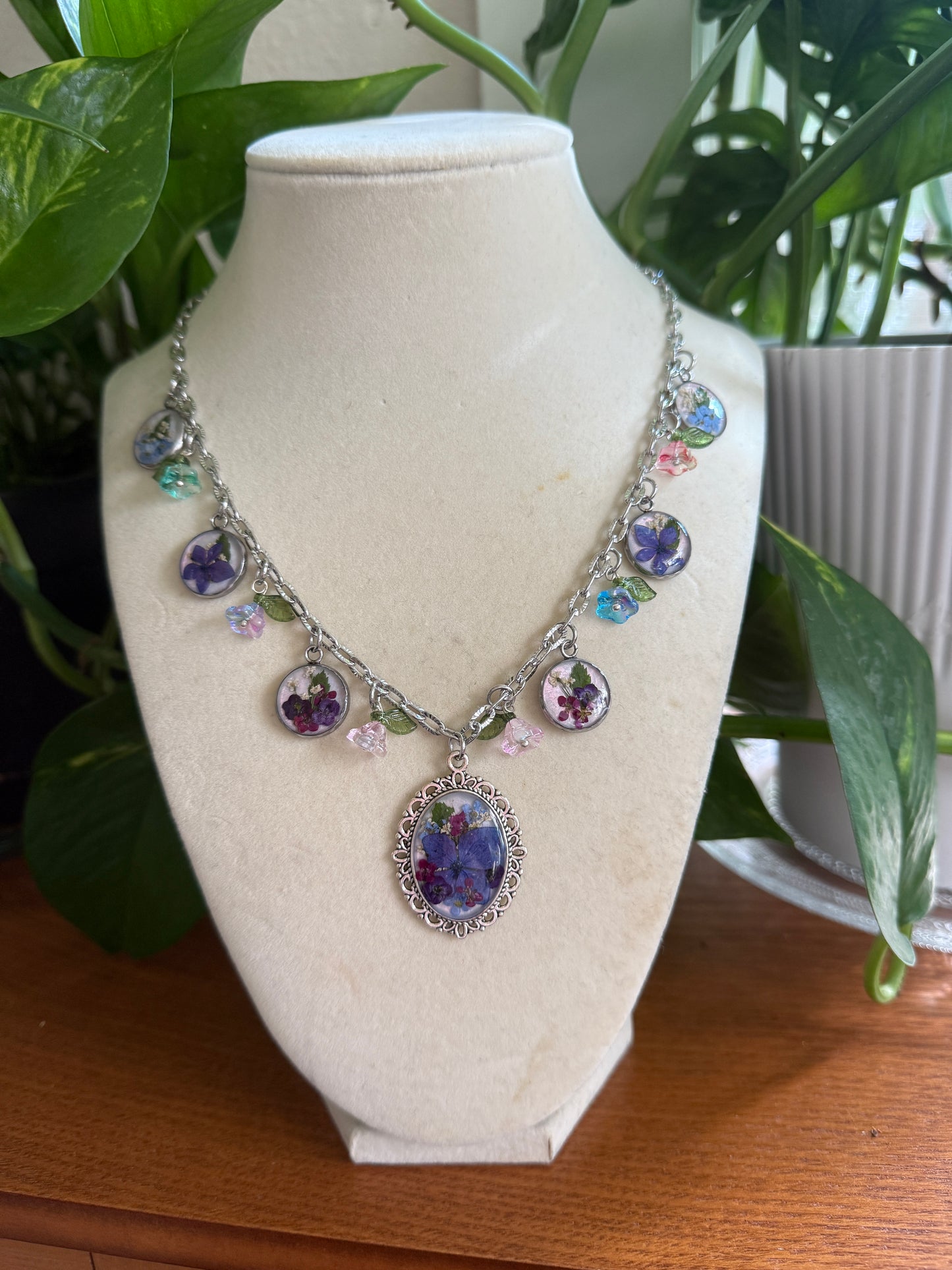 Silver charm necklace (pearlescent hydrangea)