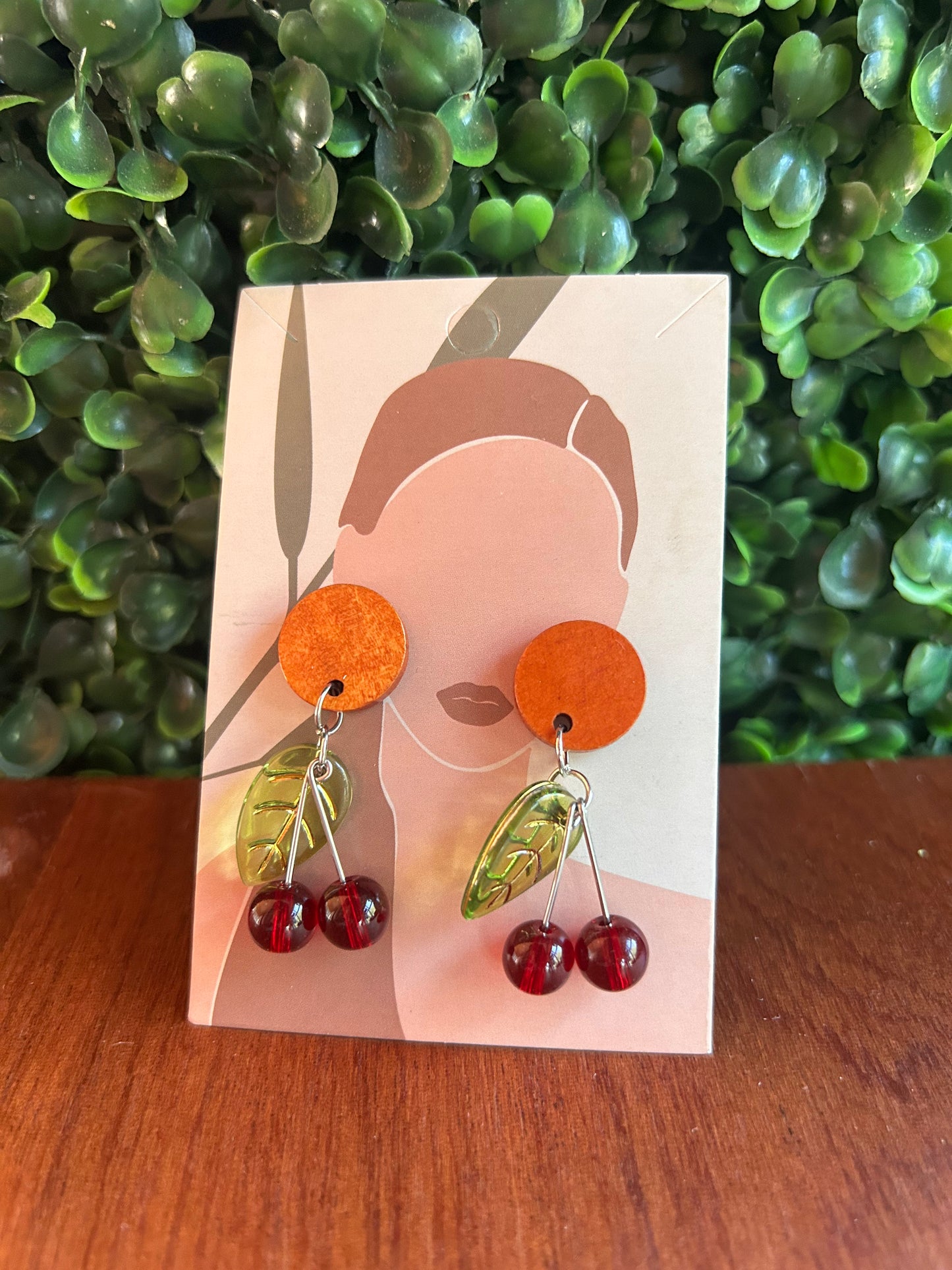 Wood stud cherry earrings