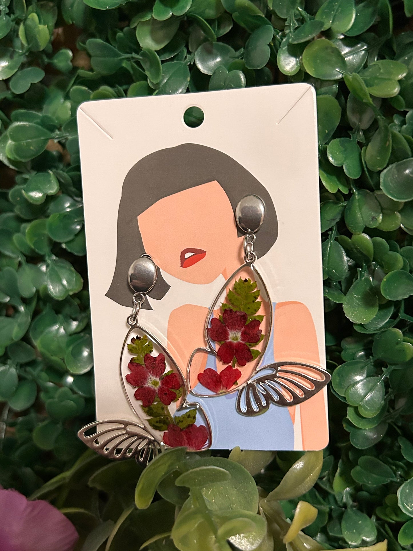 Silver red flowers & fern earrings