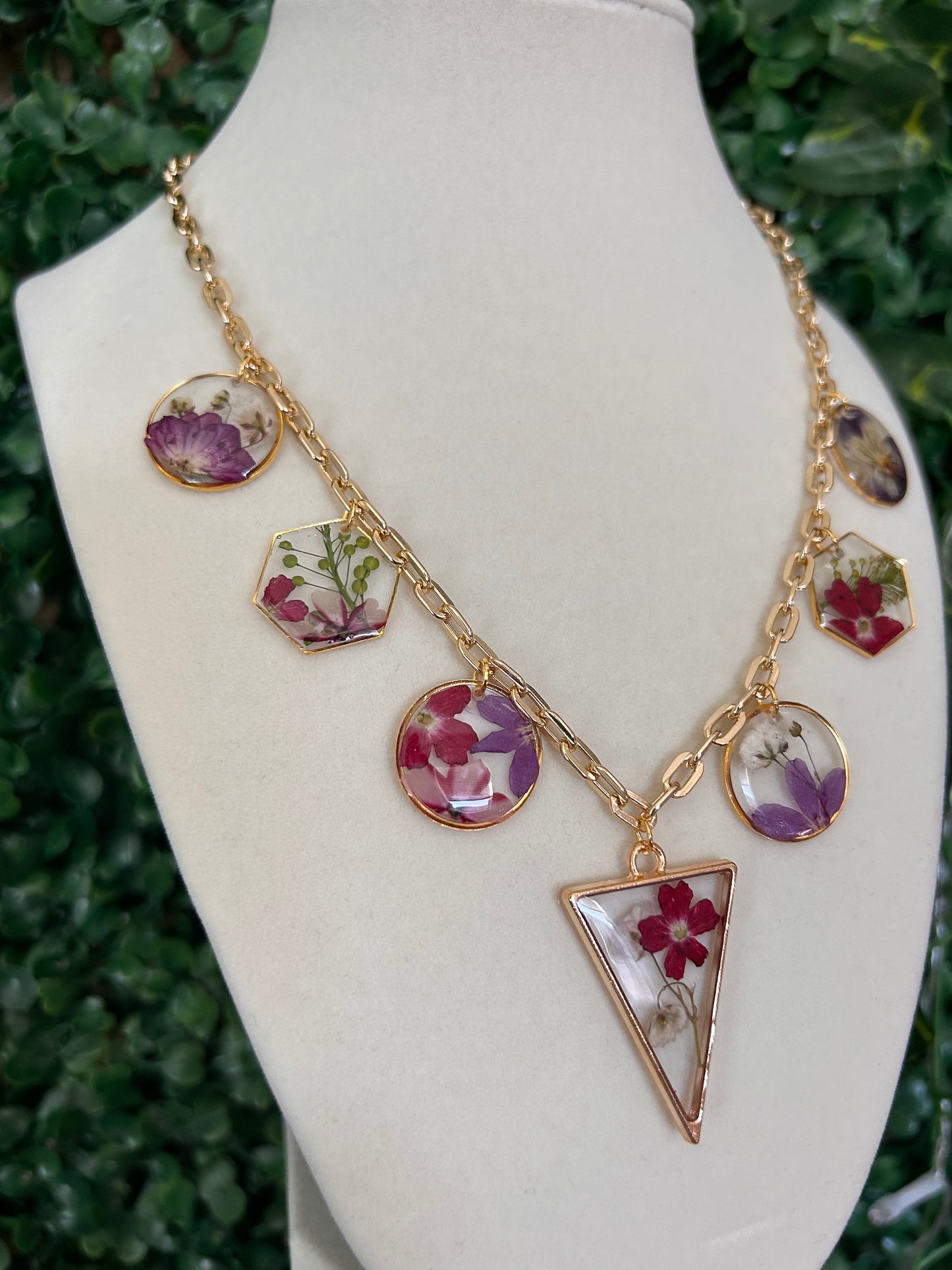 Pressed flower charm necklace (reds and purples)