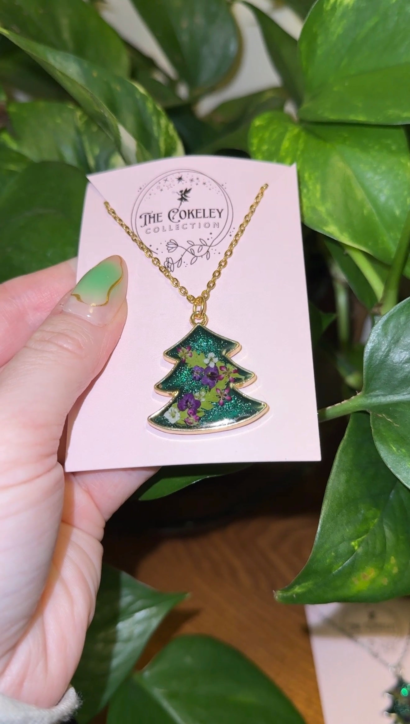 Pressed flower garland tree necklace