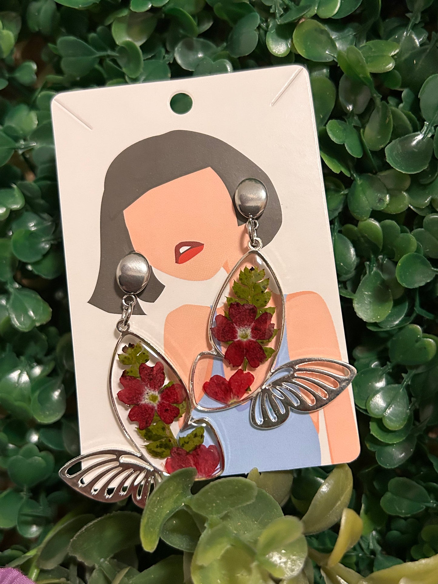 Silver red flowers & fern earrings