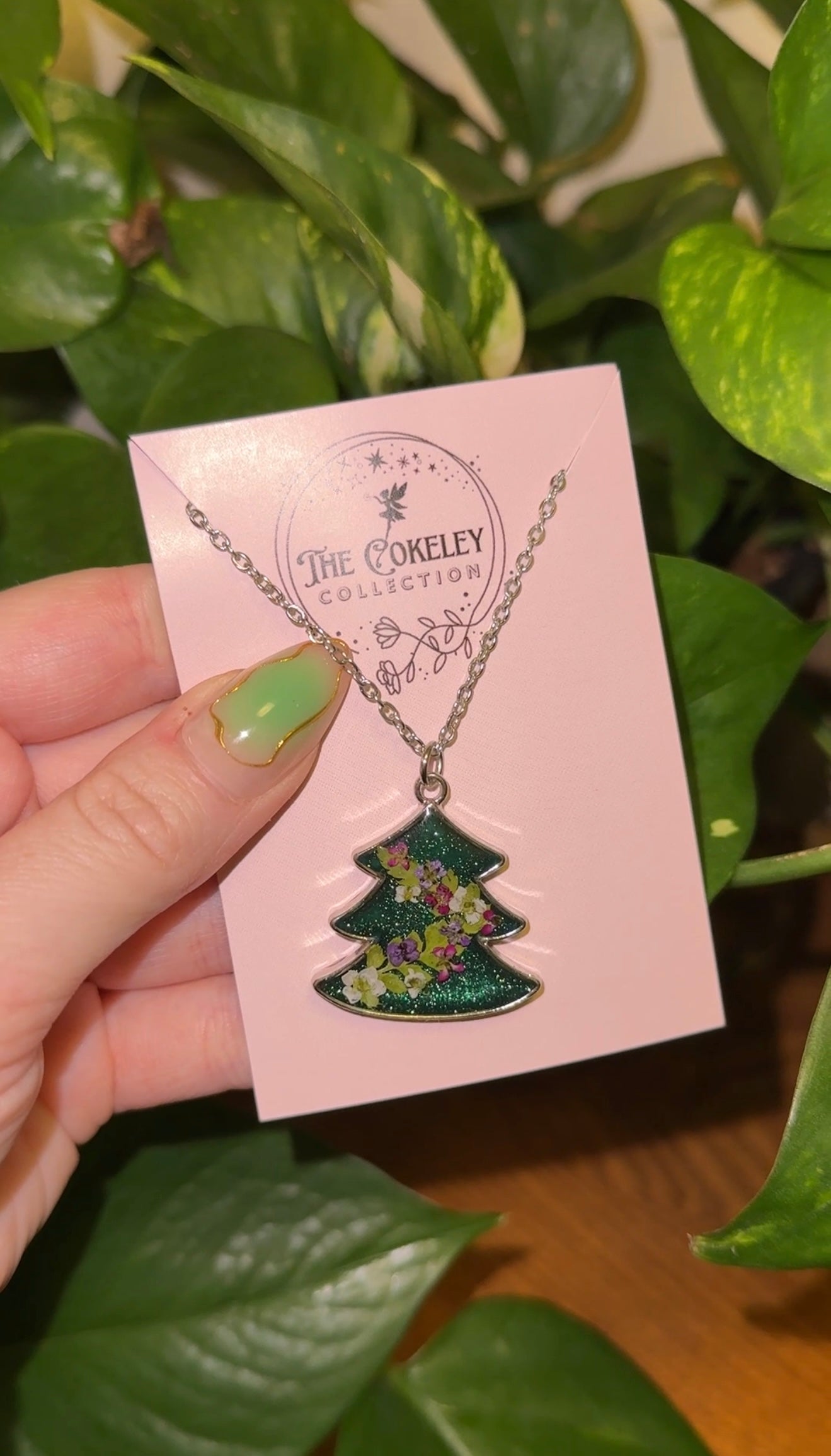 Pressed flower garland tree necklace