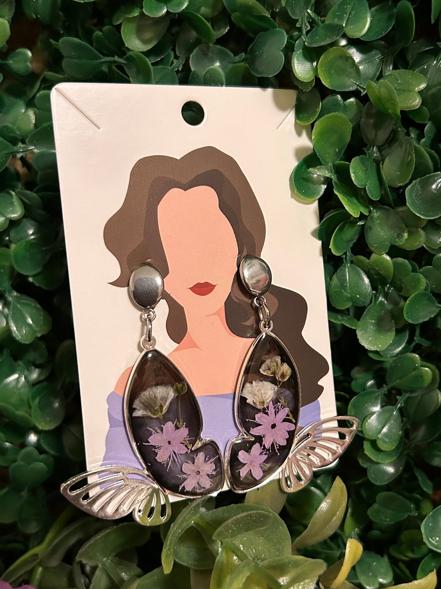 Silver black resin/ purple flower earrings
