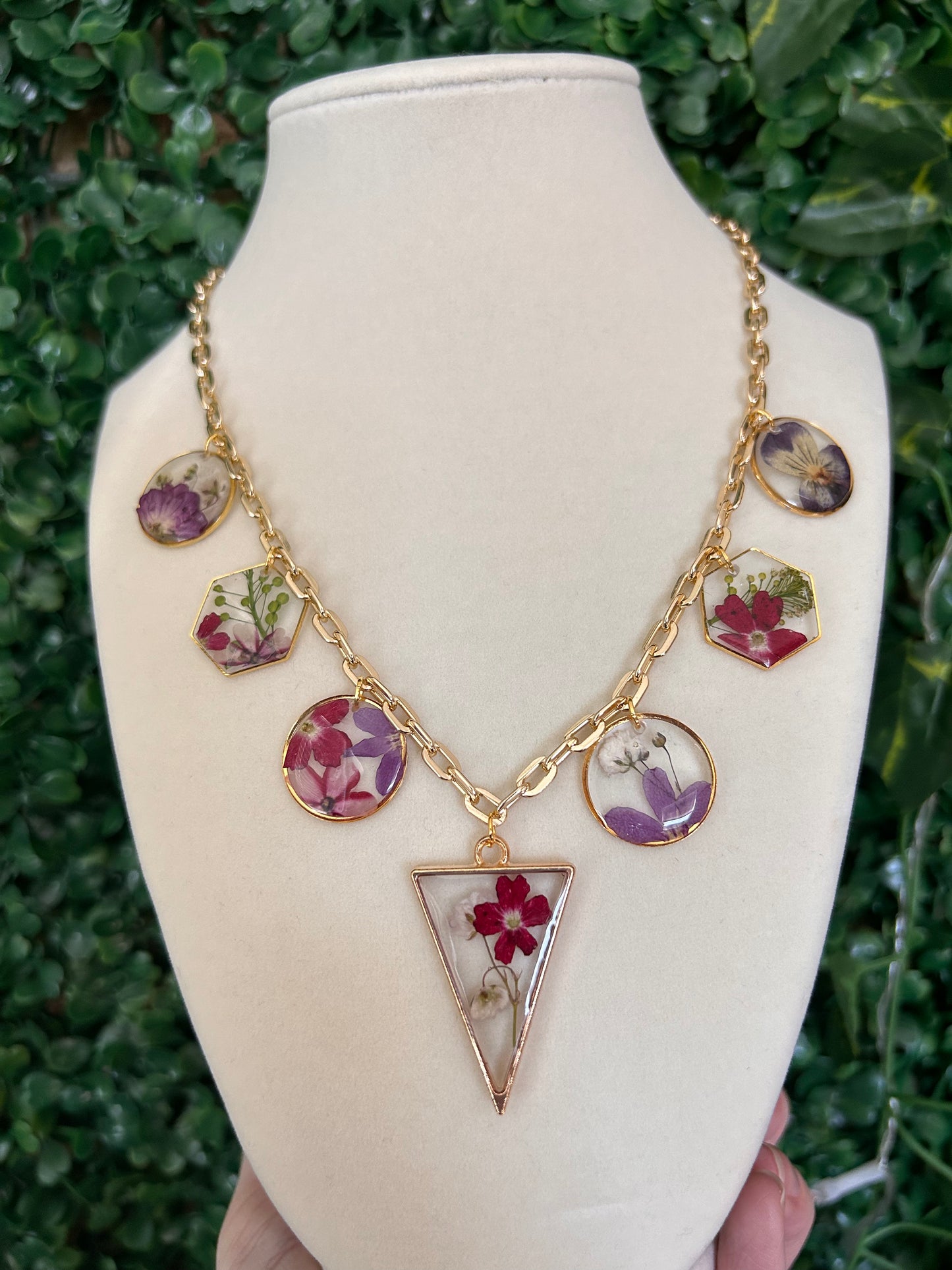 Pressed flower charm necklace (reds and purples)